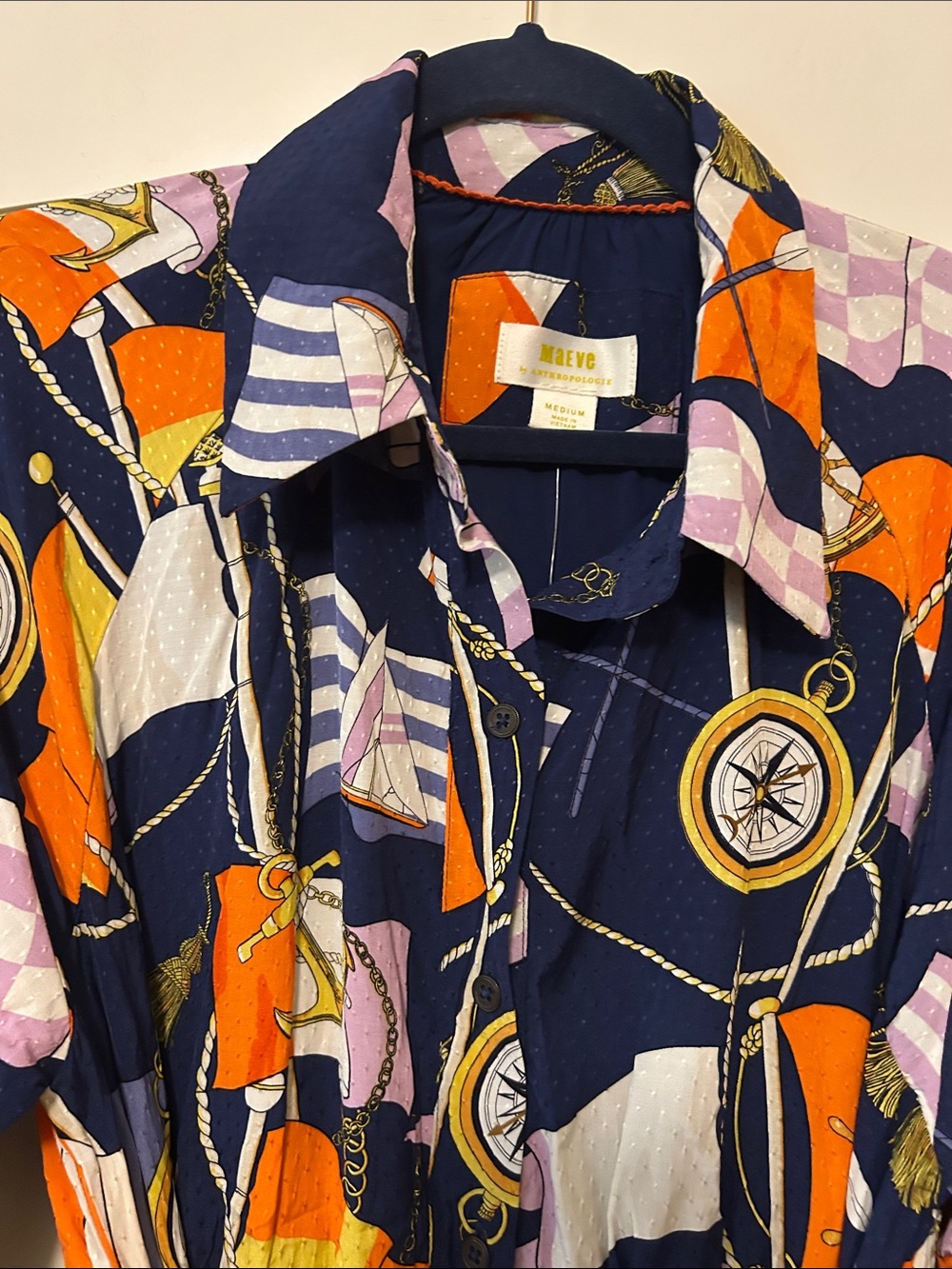 Anthropologie Maeve Navy Shirt Dress with Orange, Purple & Cream Nautical Print - Picture 3 of 16